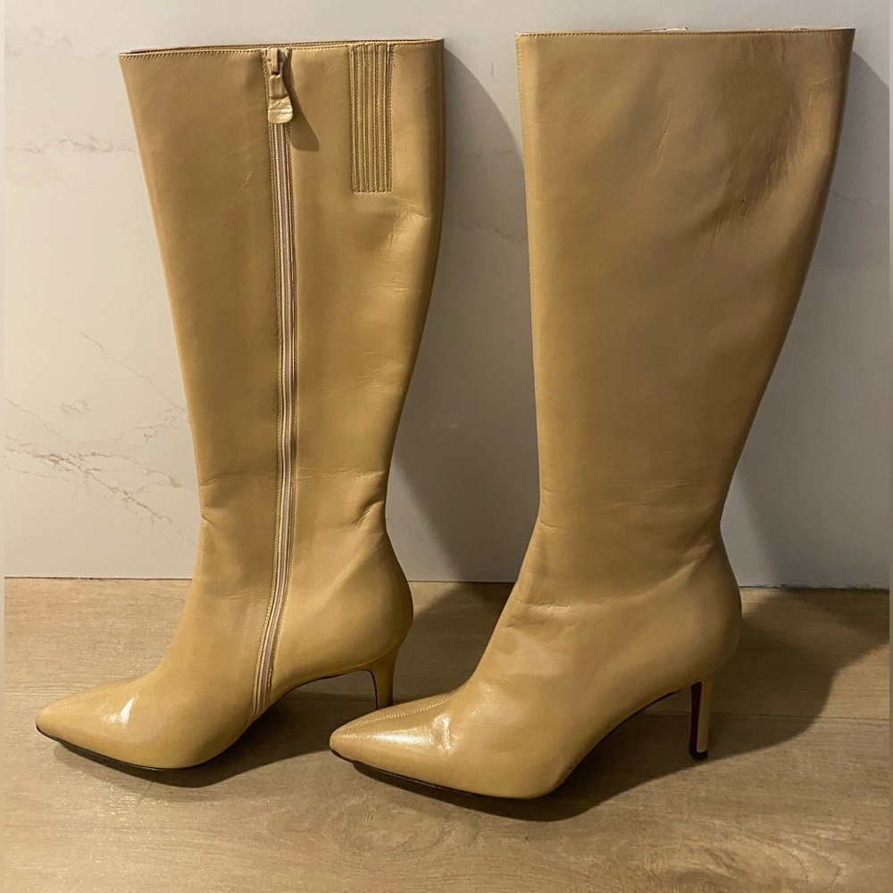 Ann Taylor Knee-High Pointed Toe Leather Heeled Boots in Beige